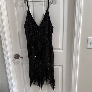 Black Sequin Fapper Fringe Dress